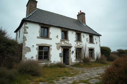 Façade d'une maison normande en bord de mer avec des signes visibles de dégradation : peinture écaillée, menuiseries gonflées et jardin mal entretenu réduisant la valeur immobilière