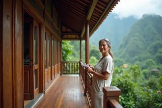 Maison traditionnelle en teck dans le nord de la Thaïlande entourée de montagnes vertes et de rizières en terrasses