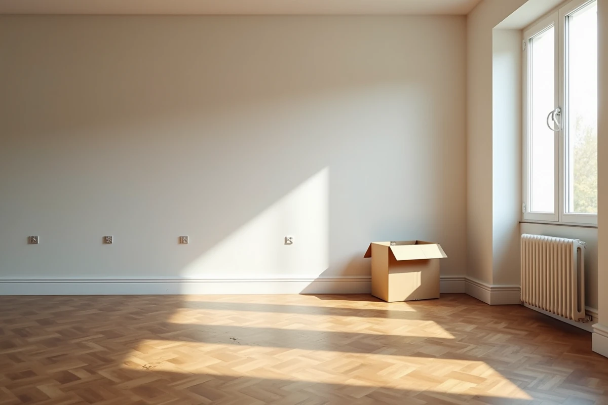 Intérieur de maison vide avec cartons de déménagement, logement inoccupé en vente