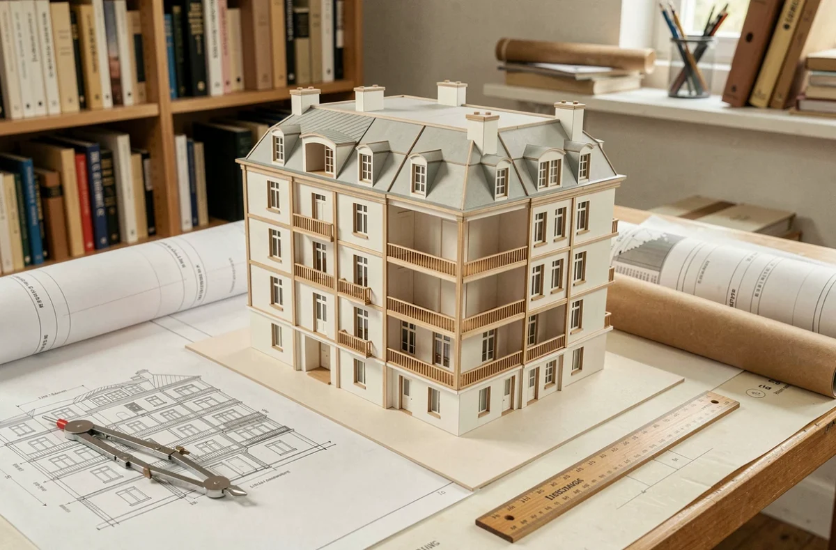 Maquette architecturale d'un îlot haussmannien posée sur une table à dessin avec plans techniques et outils d'architecte