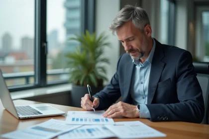 Marchand de biens analysant des documents financiers liés à la TVA dans un bureau immobilier moderne