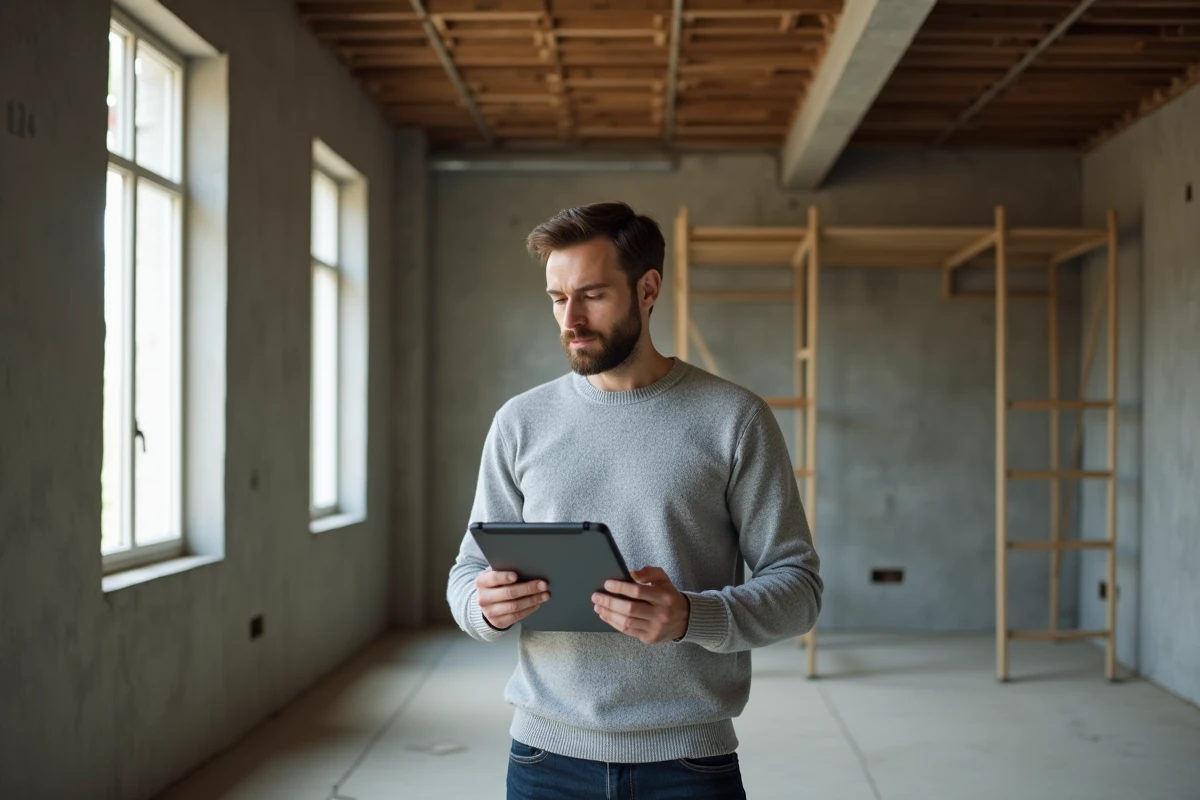 Marchand de biens évaluant la TVA sur un bien immobilier en rénovation à l'aide d'une tablette numérique