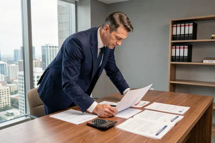 Marchand de bien analysant des documents de vente immobilière et frais de notaire sur un bureau professionnel