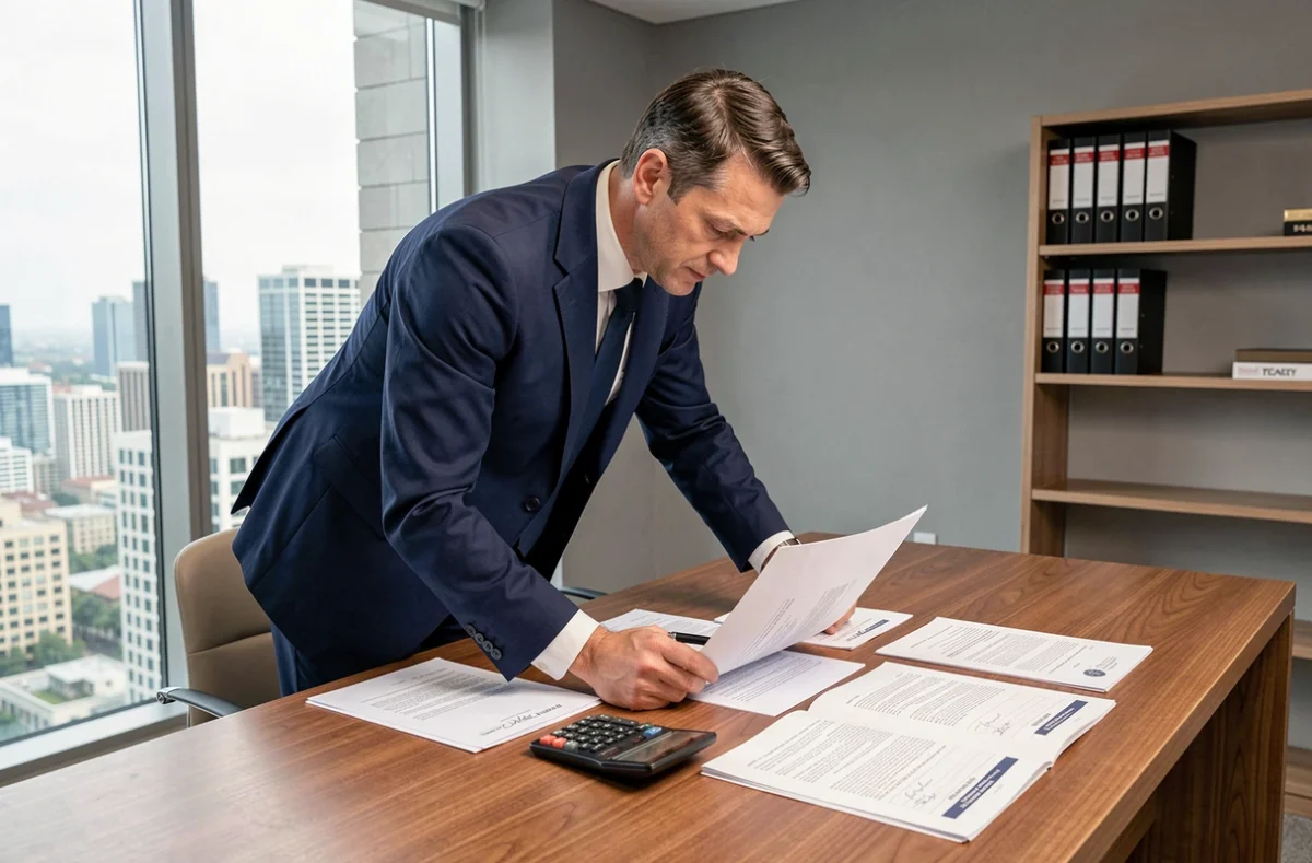 Marchand de bien analysant des documents de vente immobilière et frais de notaire sur un bureau professionnel
