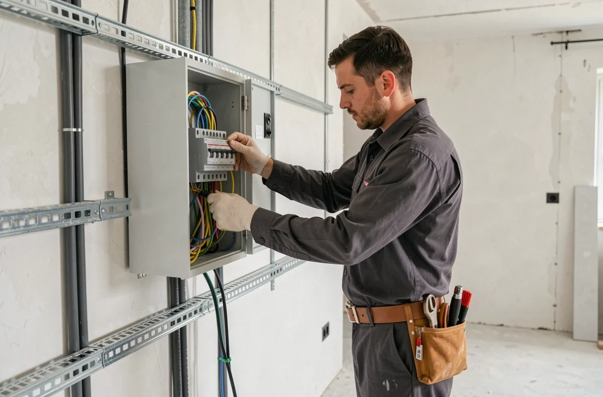 Électricien de Marzec Elec installant un tableau électrique dans une maison en cours de rénovation