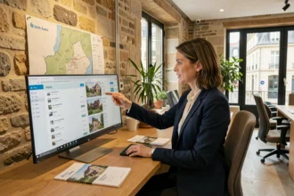 Agente immobilière professionnelle dans une agence moderne à Angers, consultant des annonces immobilières devant une carte de Maine-et-Loire