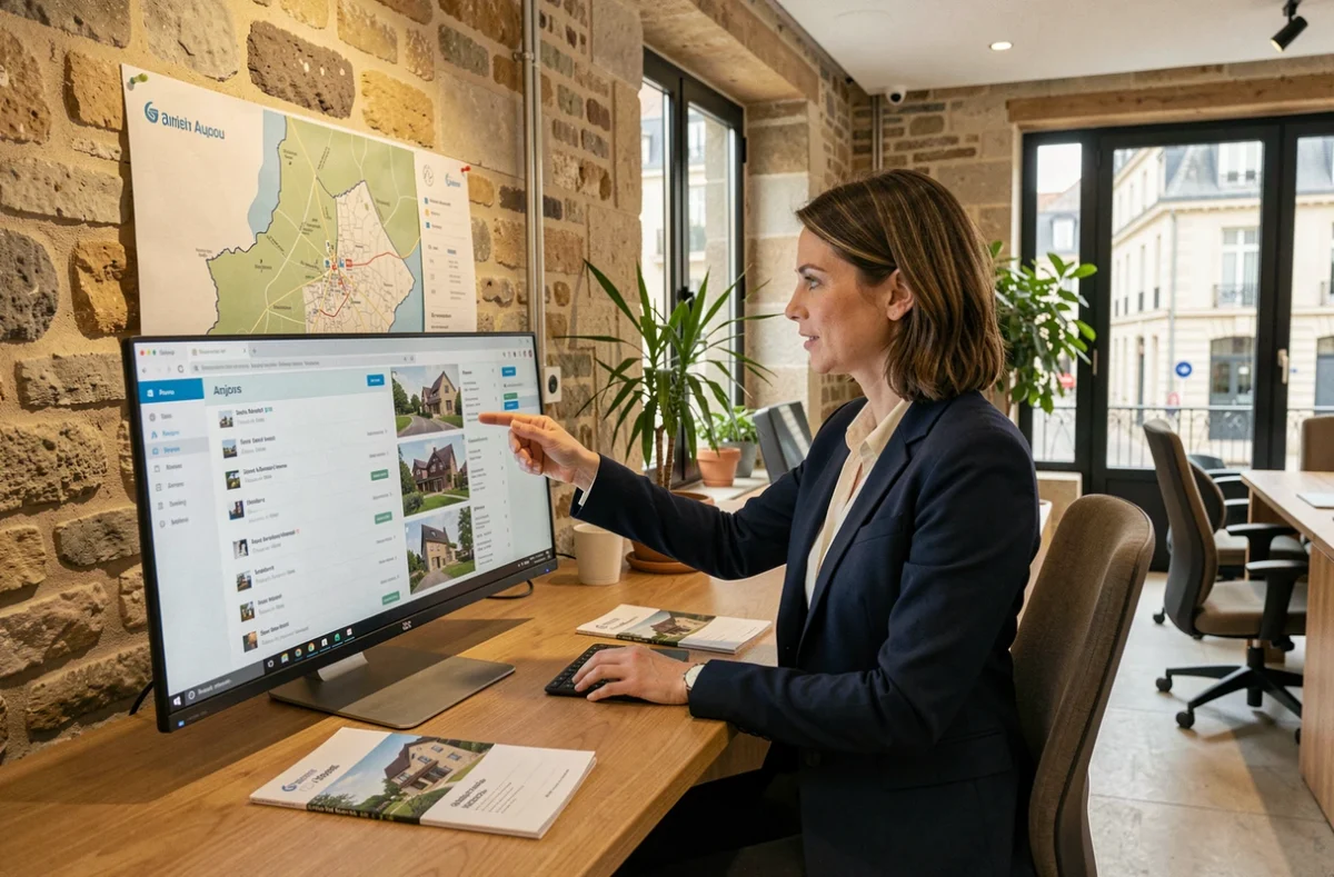 Agente immobilière professionnelle dans une agence moderne à Angers, consultant des annonces immobilières devant une carte de Maine-et-Loire