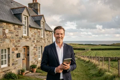 Agent immobilier professionnel devant une maison en pierre bretonne dans le Finistère