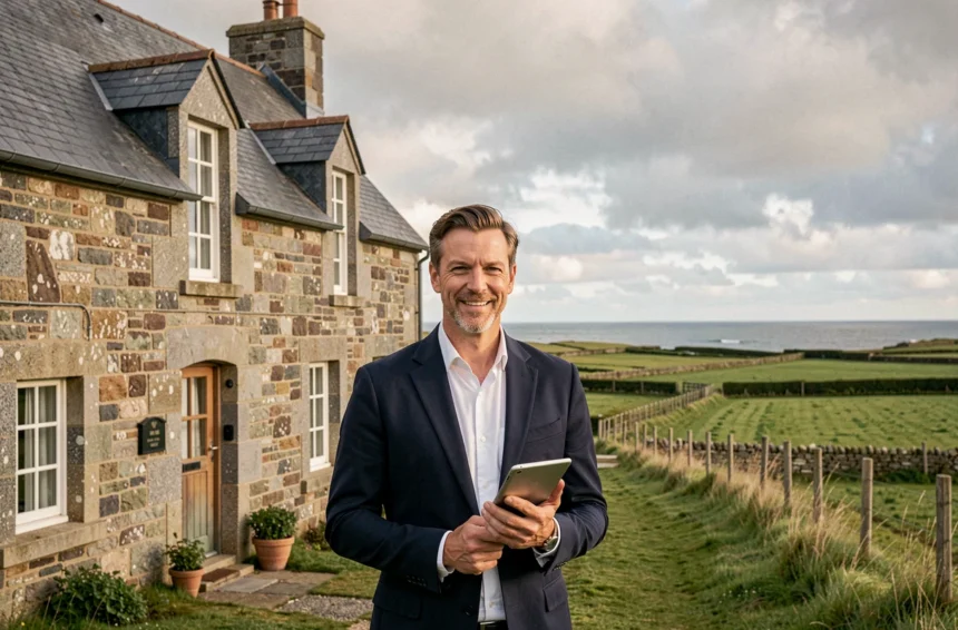 Agent immobilier professionnel devant une maison en pierre bretonne dans le Finistère