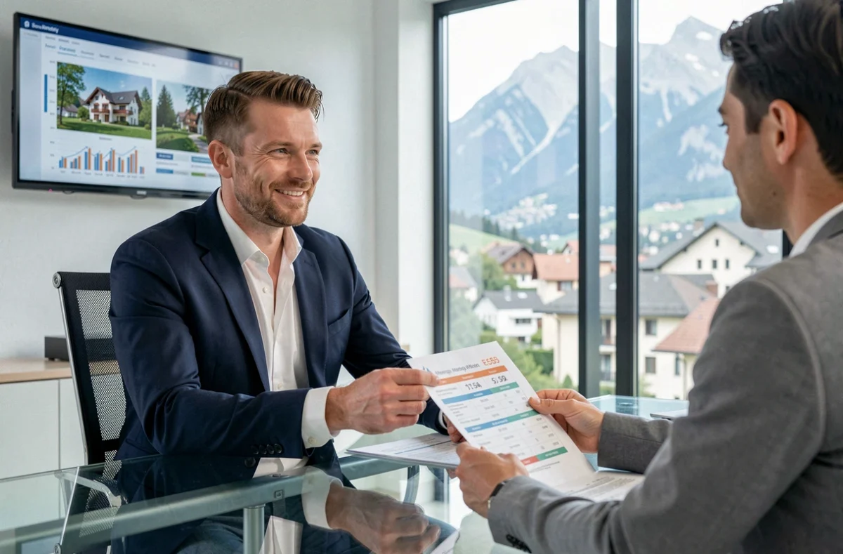 Conseiller Meilleurtaux Annecy présentant une comparaison de taux de crédit immobilier à un couple dans un bureau contemporain