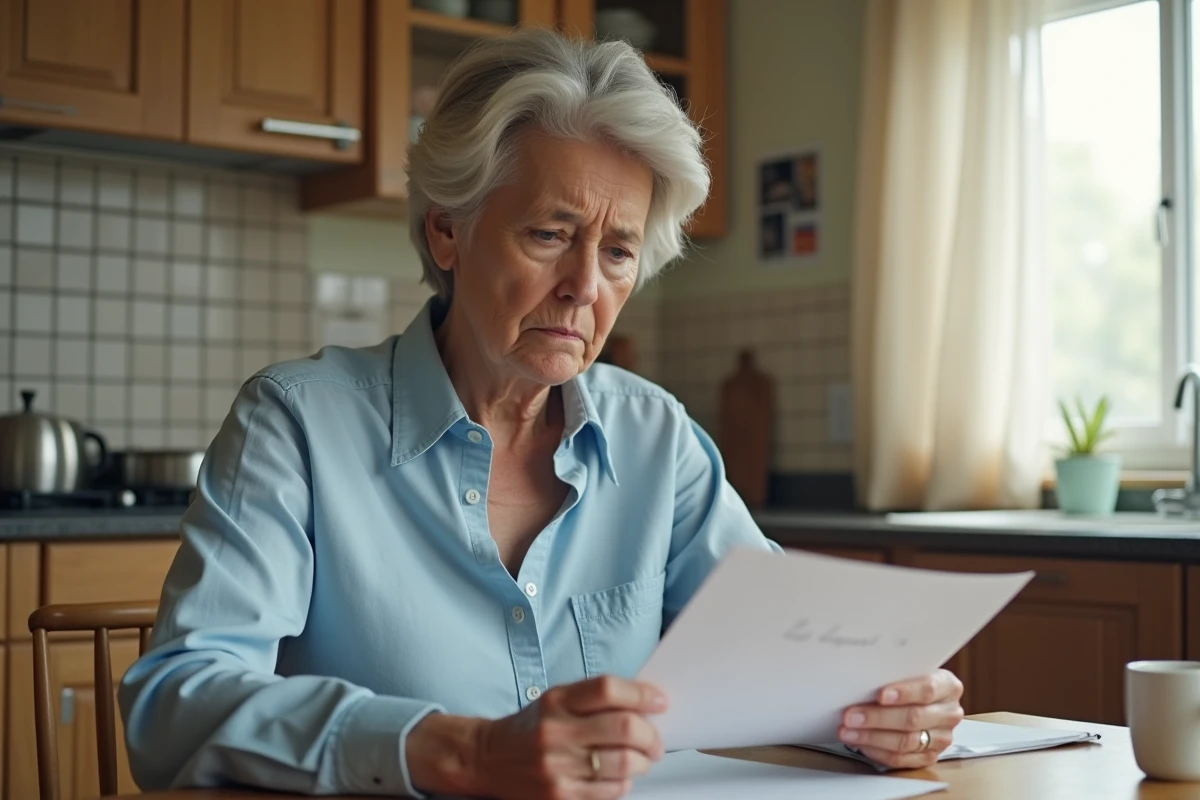 Mère inquiète lisant une lettre de garant pour son enfant étudiant à la table de cuisine