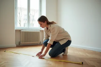 Jeune femme mesurant la superficie d'un appartement F3 vide avec un mètre ruban sur le parquet