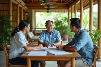 Couple occidental négociant l'achat d'une maison en Thaïlande avec un vendeur local dans un bureau immobilier traditionnel