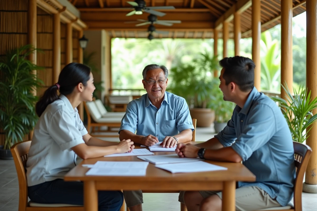 Couple occidental négociant l'achat d'une maison en Thaïlande avec un vendeur local dans un bureau immobilier traditionnel