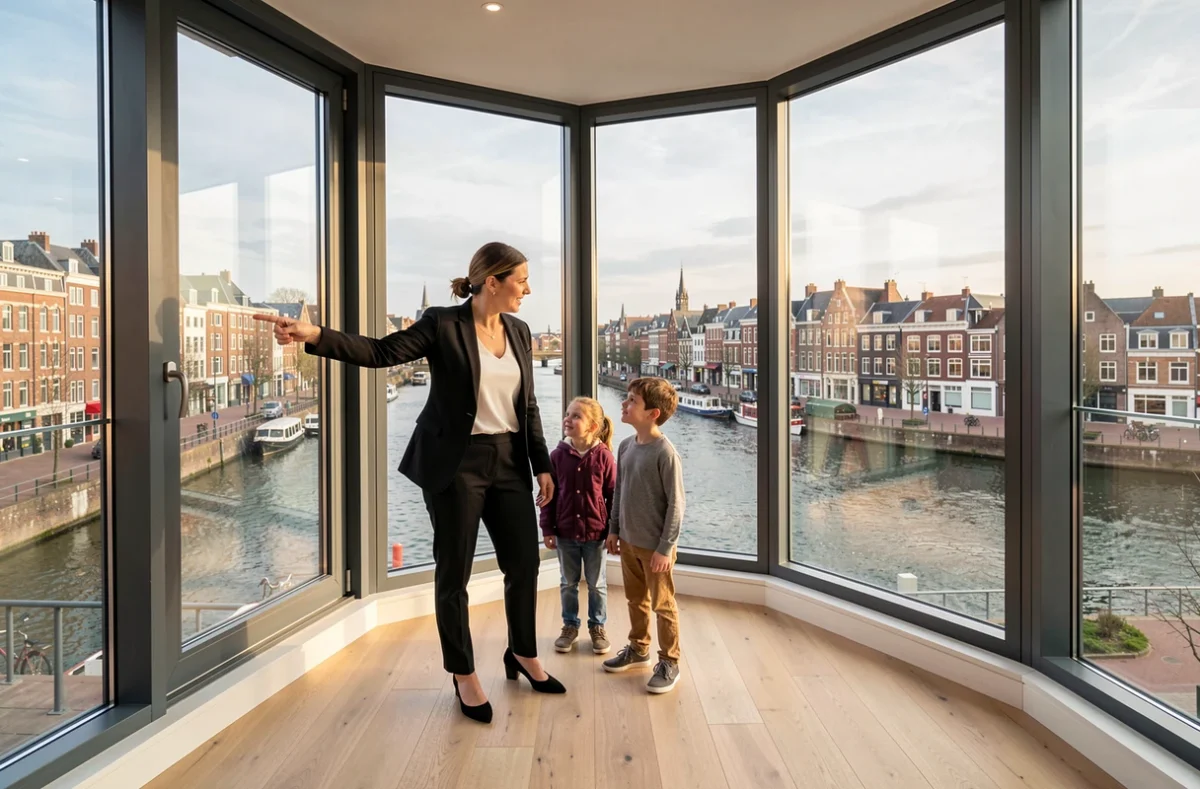 Agente de Nestenn Angers faisant visiter un appartement moderne avec vue sur la Maine à une famille de clients