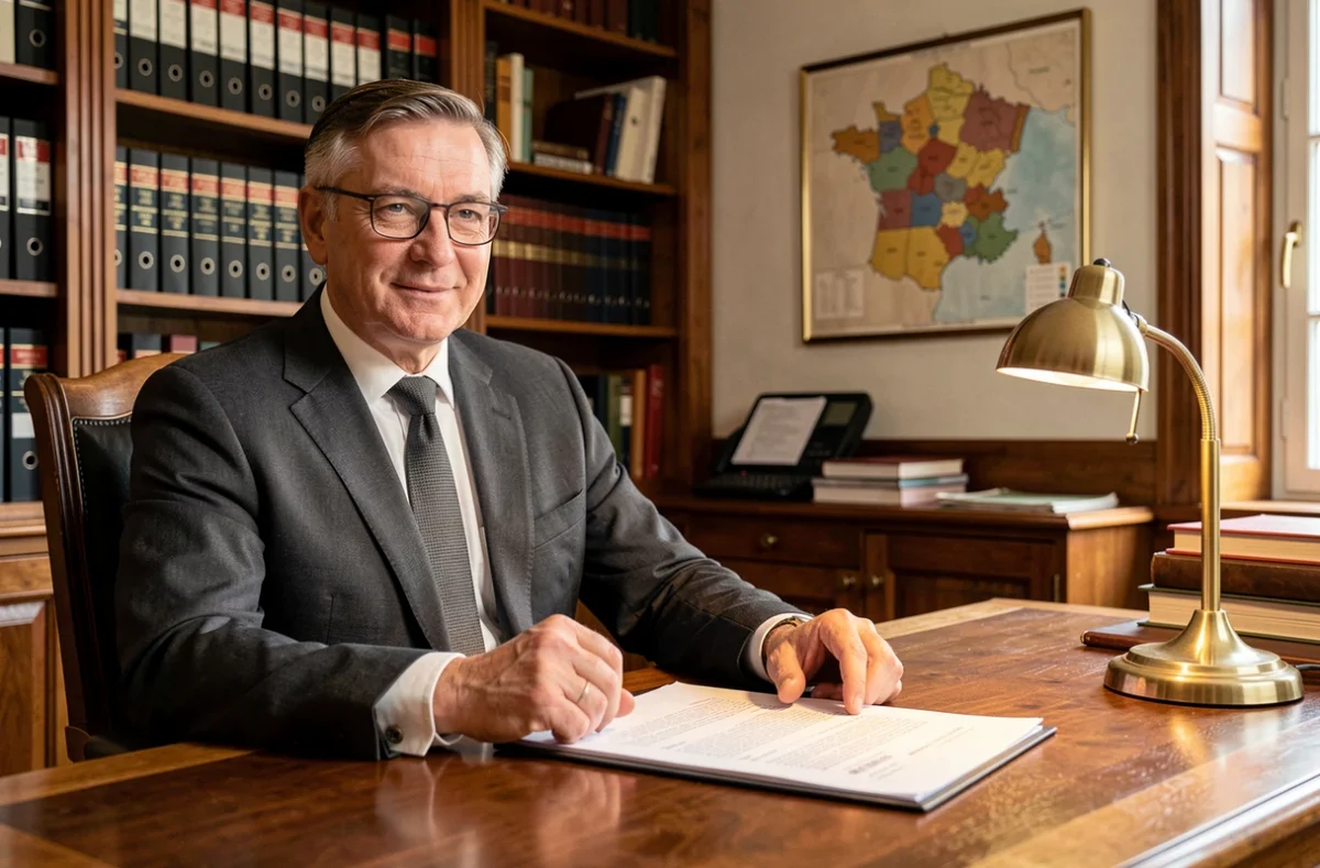 Notaire immobilier en bureau parisien signant un acte de vente de maison en France