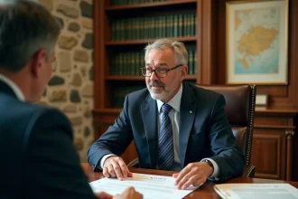 Notaire andorran expliquant un contrat immobilier à des acheteurs dans son étude traditionnelle