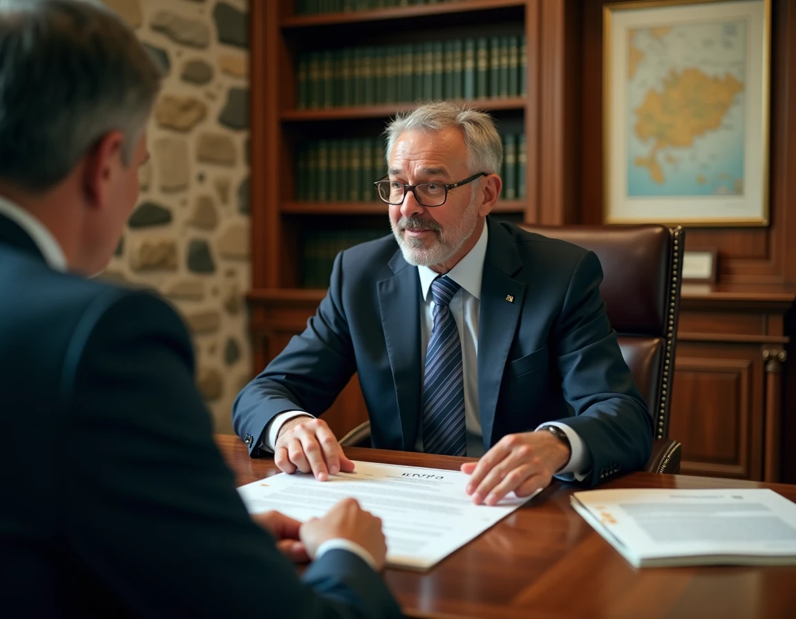 Notaire andorran expliquant un contrat immobilier à des acheteurs dans son étude traditionnelle