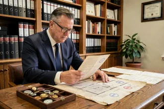 Notaire examinant des documents officiels pour l'achat d'une maison abandonnée dans son bureau