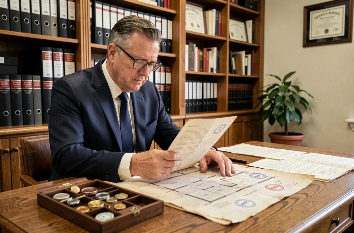 Notaire examinant des documents officiels pour l'achat d'une maison abandonnée dans son bureau
