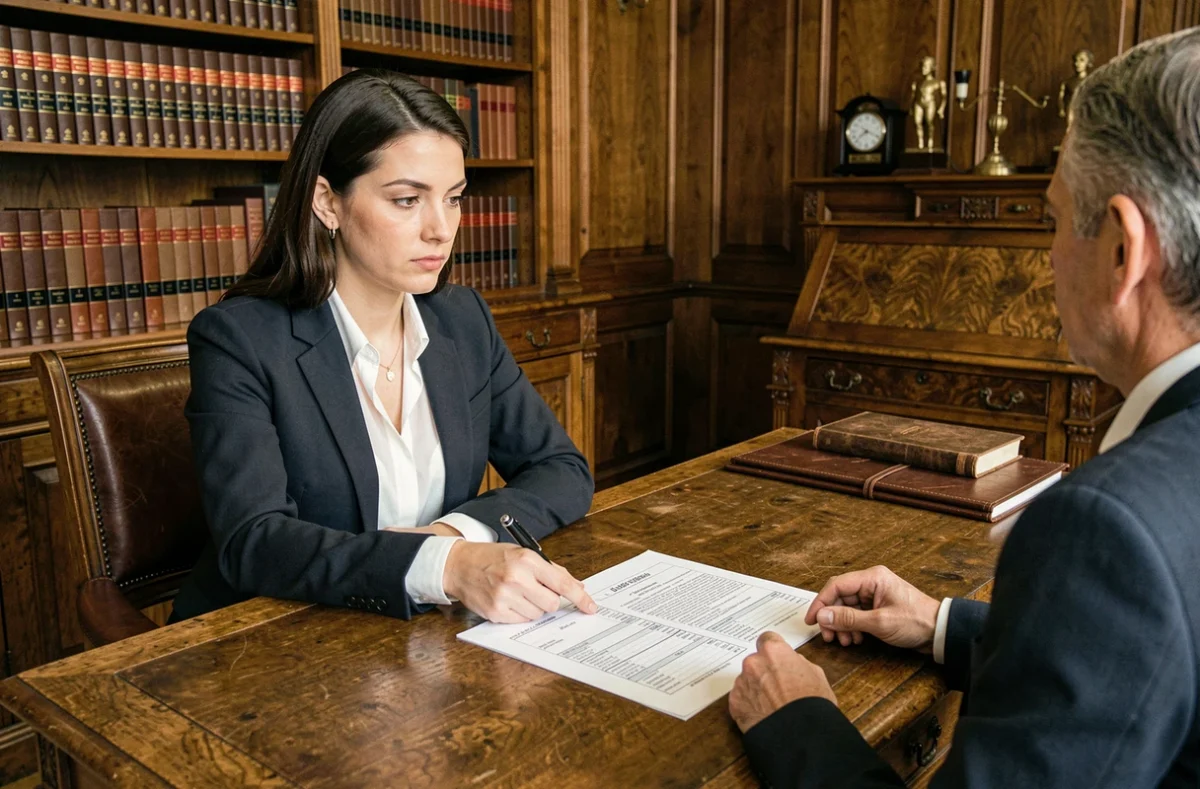 Notaire expliquant les frais de notaire à un marchand de bien lors d'une transaction immobilière rapide