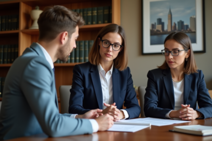 Notaire femme expliquant des documents à un couple dans un bureau moderne