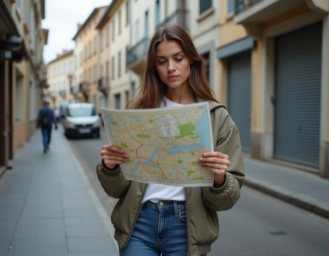 Jeune femme consultant une carte de la ville d'Alès dans un quartier résidentiel à l'atmosphère incertaine