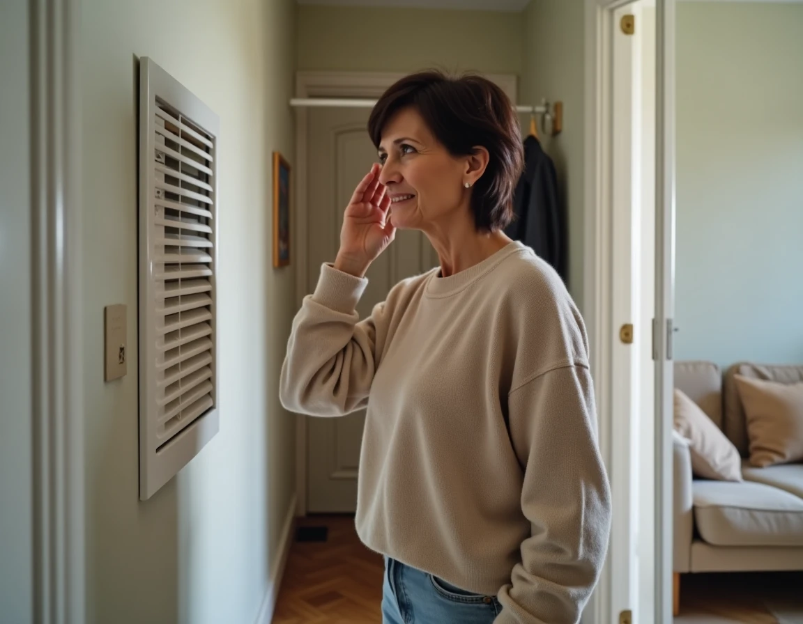 Résidente écoutant des nuisances sonores provenant d'une grille de VMC dans son appartement