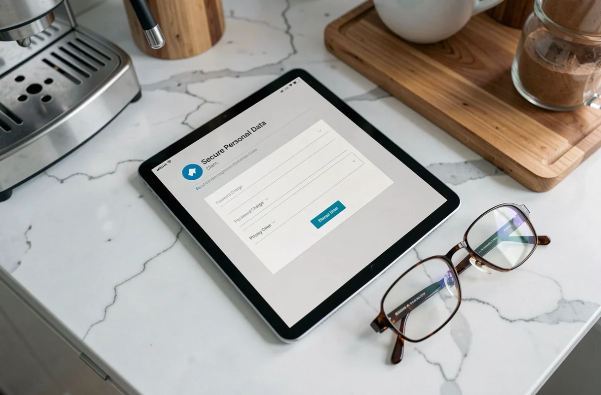 Tablette affichant les paramètres de confidentialité d'un espace client copropriété sur un plan de travail