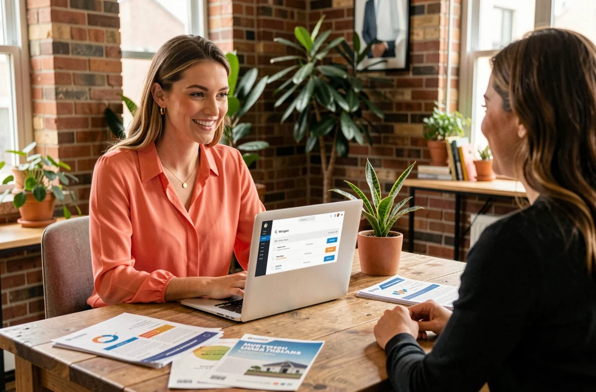 Conseillère de Partage ta Banque aidant un client à comparer des offres de prêt immobilier dans un espace de travail convivial