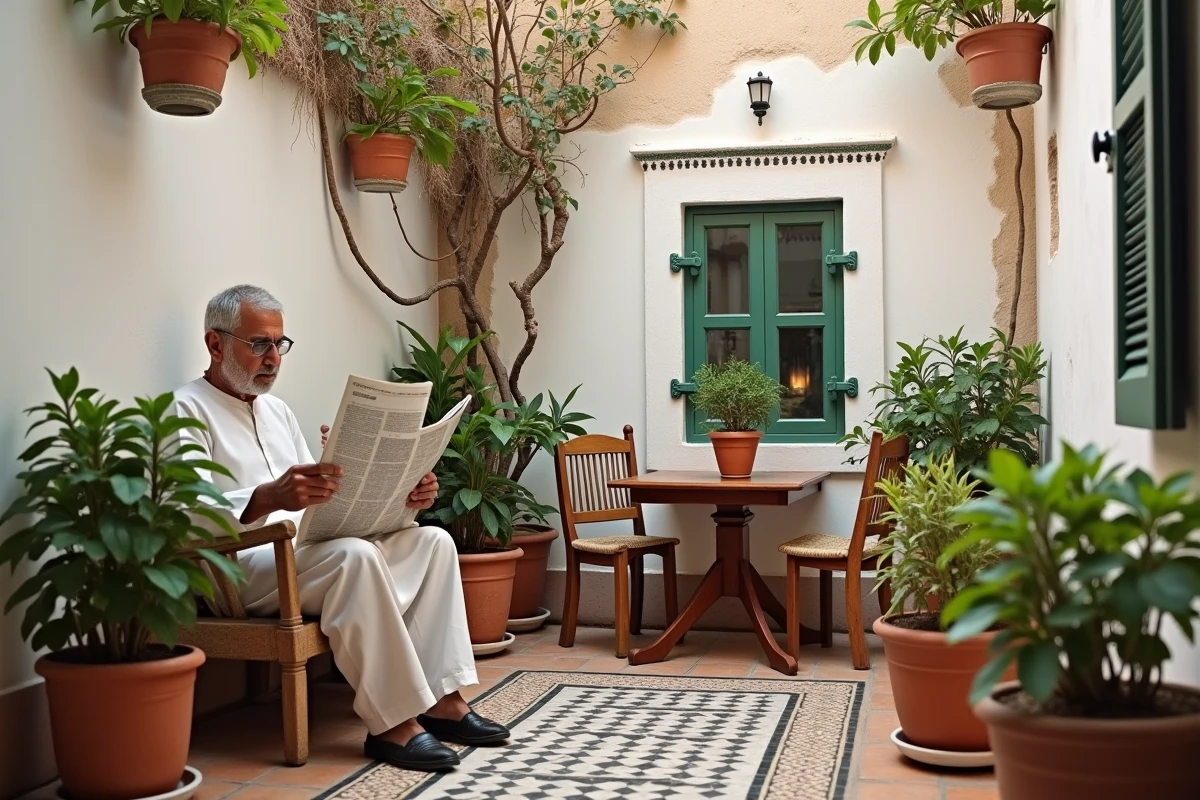 Patio intérieur d'une maison en location à Essaouira avec jardin planté de menthe et jasmin, habitant local lisant dans un cadre authentique et verdoyant