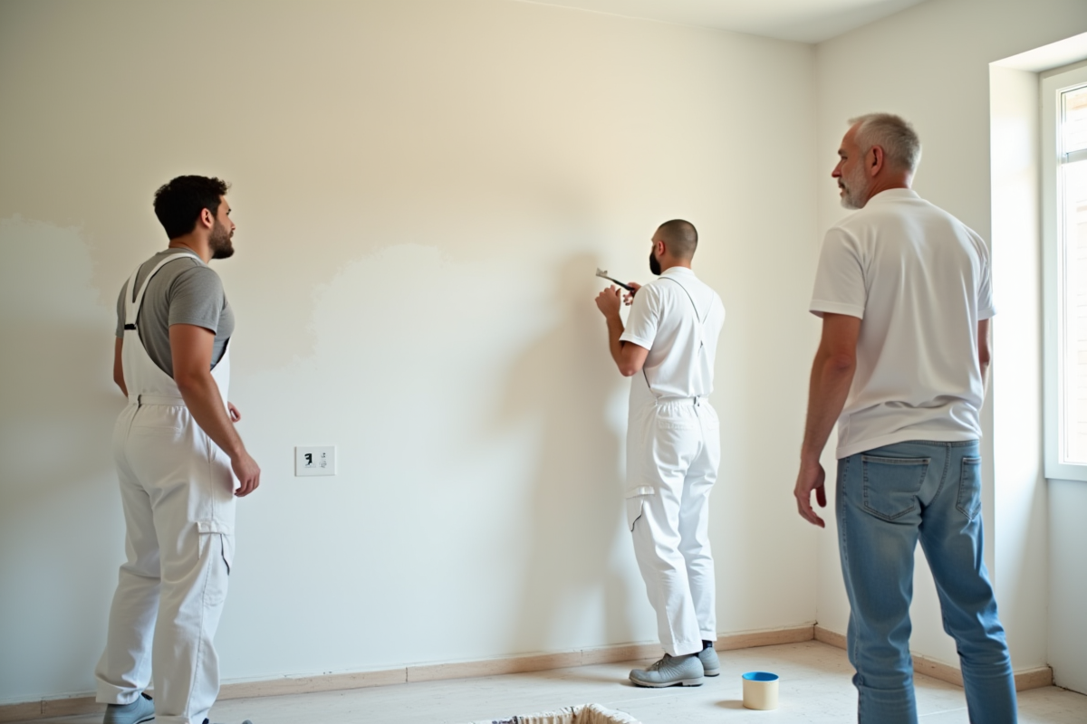 Peintre professionnel en train de peindre un mur dans un appartement