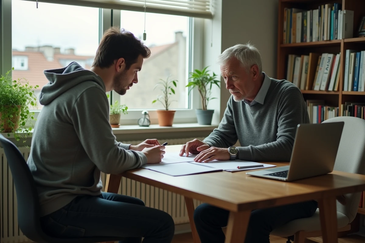 Père et fils étudiant discutant d'une lettre de garant dans un bureau à domicile