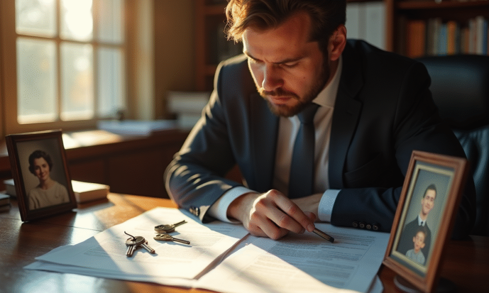 Personne assise à un bureau avec papiers clés et photo