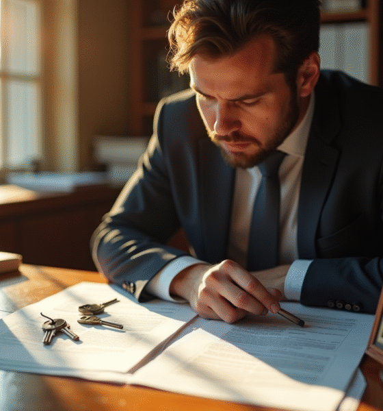 Personne assise à un bureau avec papiers clés et photo