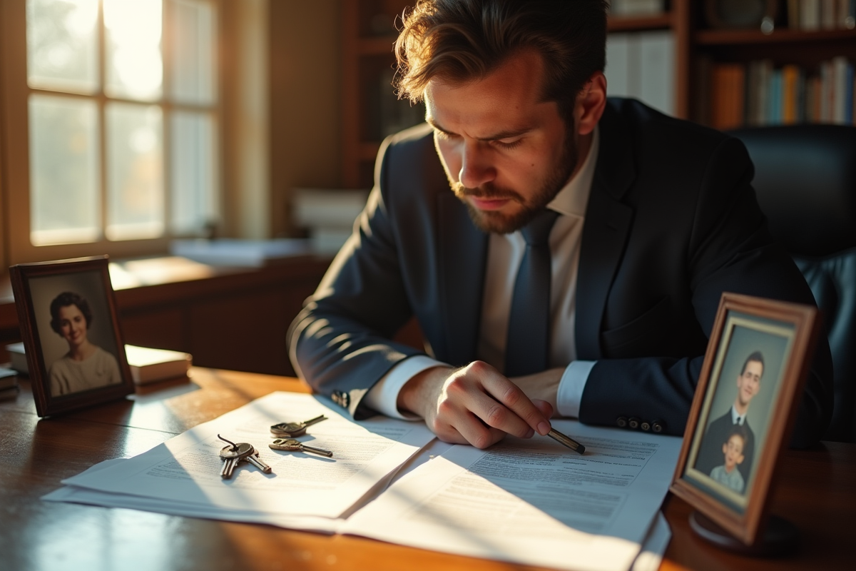 Personne assise à un bureau avec papiers clés et photo