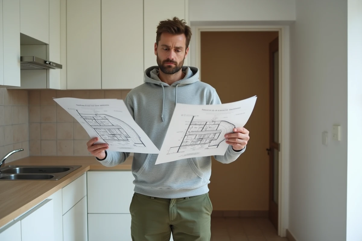 Homme consultant un plan de surface dans la cuisine d'un appartement F3 non meublé