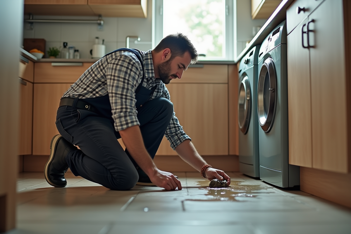 Plombier professionnel inspectant un tuyau qui fuit