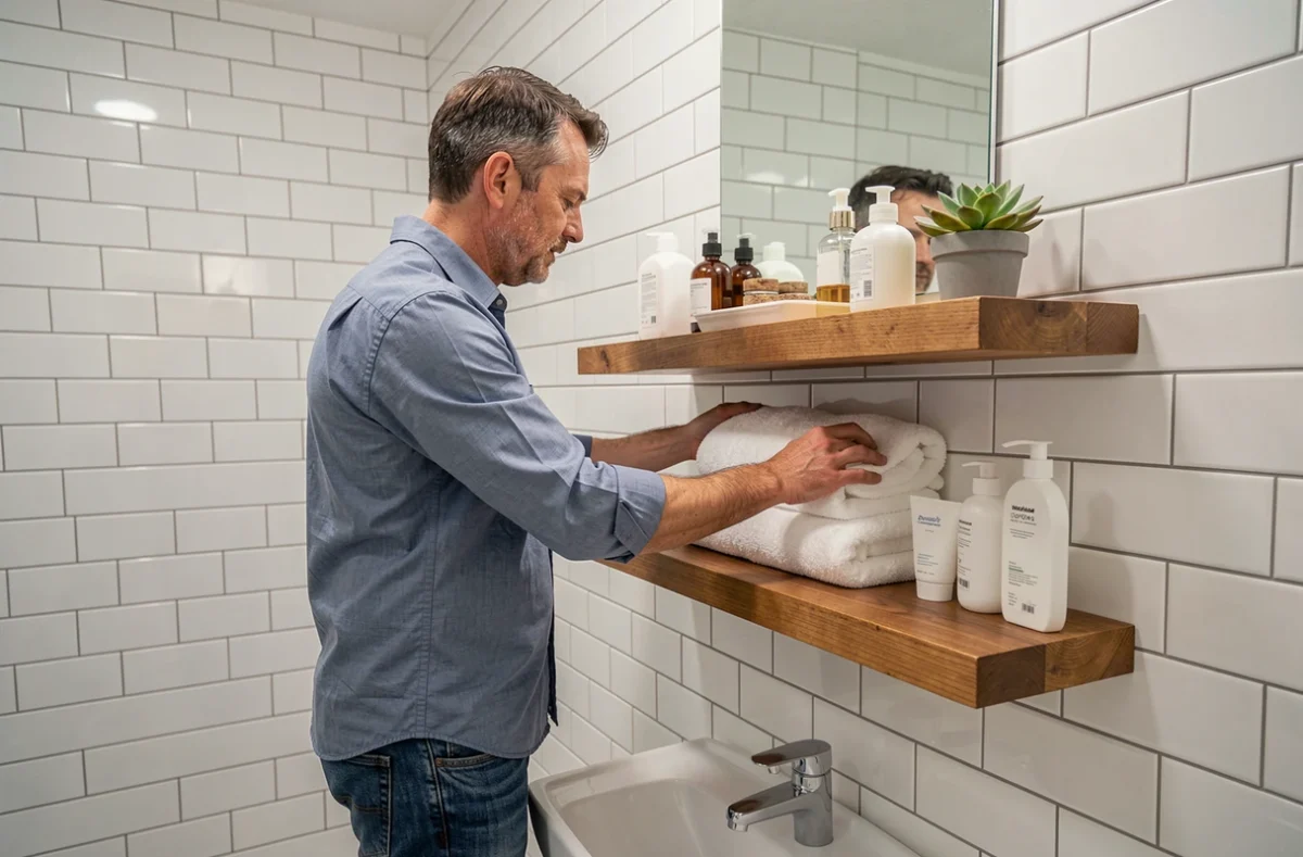 Hôte Airbnb préparant la salle de bain de son logement avec des serviettes et des articles de toilette