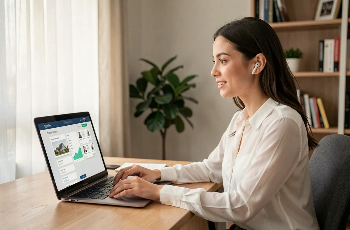 Conseillère Pretto réalisant une simulation de prêt immobilier en ligne depuis un espace de travail moderne et épuré