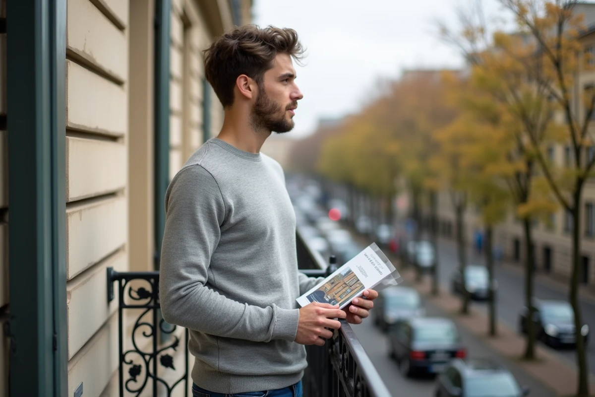 Jeune homme sur un balcon haussmannien à Lyon tenant une brochure immobilière lors de son premier achat