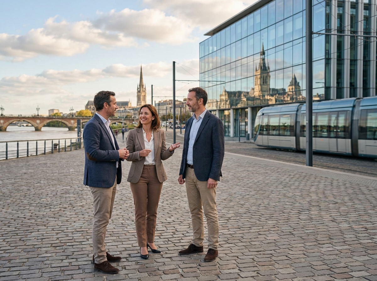 Professionnels en discussion devant des bureaux modernes sur les quais de Bordeaux avec vue sur la Garonne