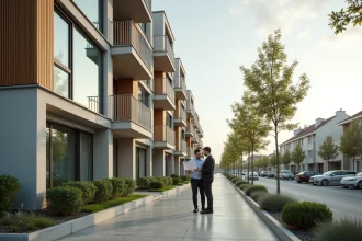 Immeuble résidentiel neuf Convergence 94 à Alfortville avec balcons vitrés et couple consultant un plan de vente