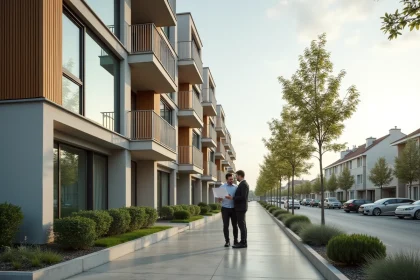 Immeuble résidentiel neuf Convergence 94 à Alfortville avec balcons vitrés et couple consultant un plan de vente