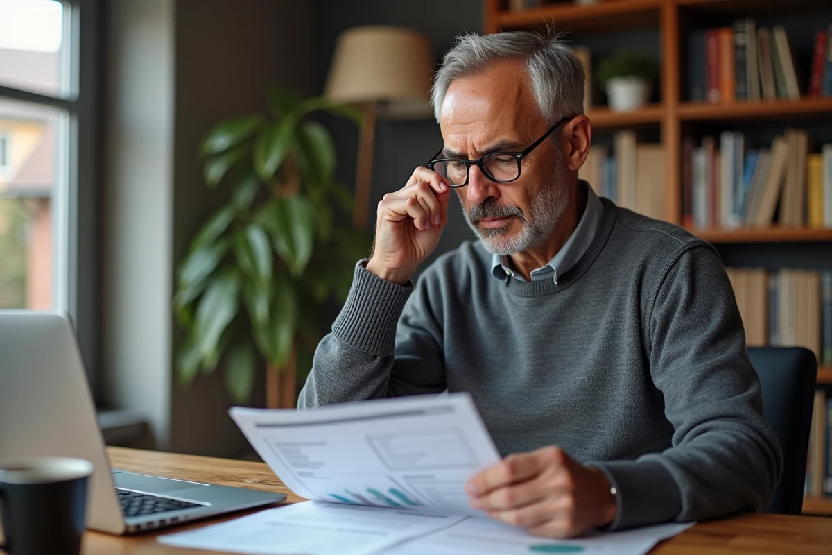 Propriétaire bailleur consultant un document de contrat de gestion locative avec versement de loyer sur ordinateur