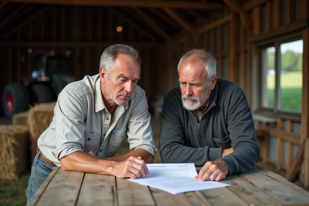 Propriétaire et fermier étudiant ensemble un bail rural dans une grange, illustrant les tensions liées aux contrats de location agricole