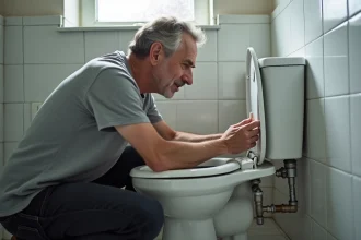 Propriétaire inspectant un robinet flotteur défectueux dans le réservoir de chasse d'eau de ses toilettes