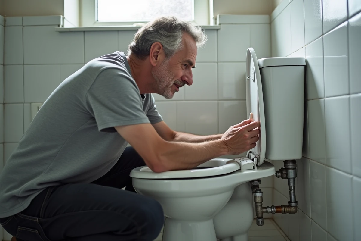 Propriétaire inspectant un robinet flotteur défectueux dans le réservoir de chasse d'eau de ses toilettes
