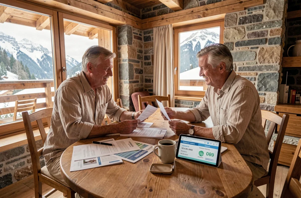 Couple de propriétaires comparant les statuts LMNP classique et LMP pour la revente de leur appartement en résidence de tourisme alpine