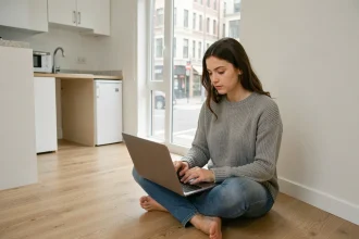 Jeune femme recherchant un studio sur une application immobilière depuis son appartement compact
